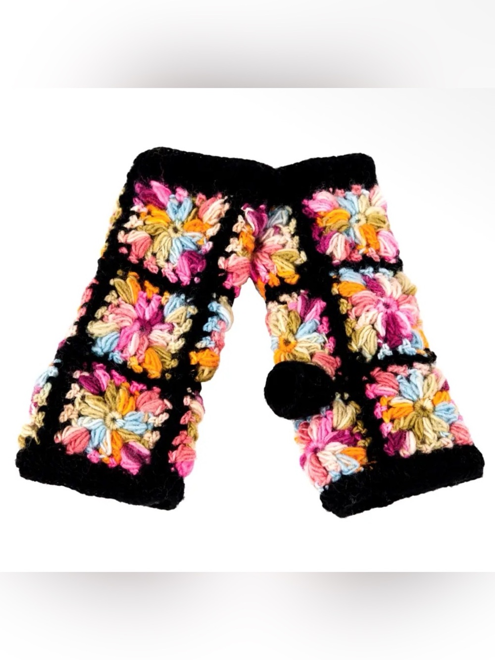 Black Crocheted Floral Fingerless Gloves with Multicolor Accents